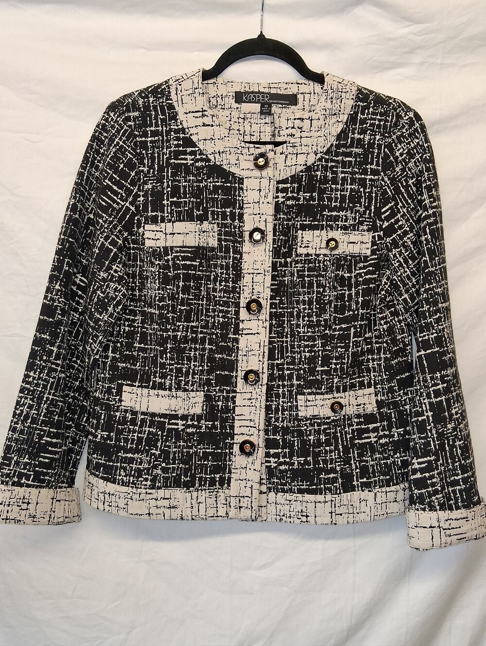 Kasper Black and White Tweed-Inspired Button Front Jacket